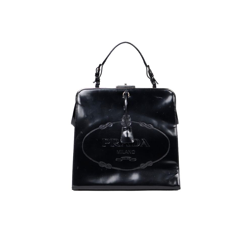 PRADA Black Leather Logo Embossed Top Handle Bag C-A36935